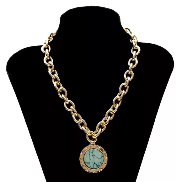 Zara Medal Teal & Gold Chain Chocker Necklace Stone Lines Coin Zara Logo Charm - Picture 2 of 11